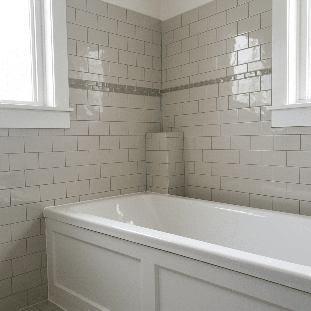 Beautifully refinished bathtub and shower with flawless porcelain and tile surfaces in a modern bathroom, Youngstown OH 44512