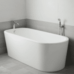 Refinished fiberglass bathtub in a clean modern bathroom with white and gray tile, chrome fixtures, and natural lighting, illustrating professional bathtub and shower repair services