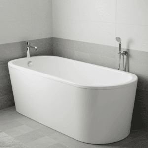 Refinished fiberglass bathtub in a clean modern bathroom with white and gray tile, chrome fixtures, and natural lighting, illustrating professional bathtub and shower repair services