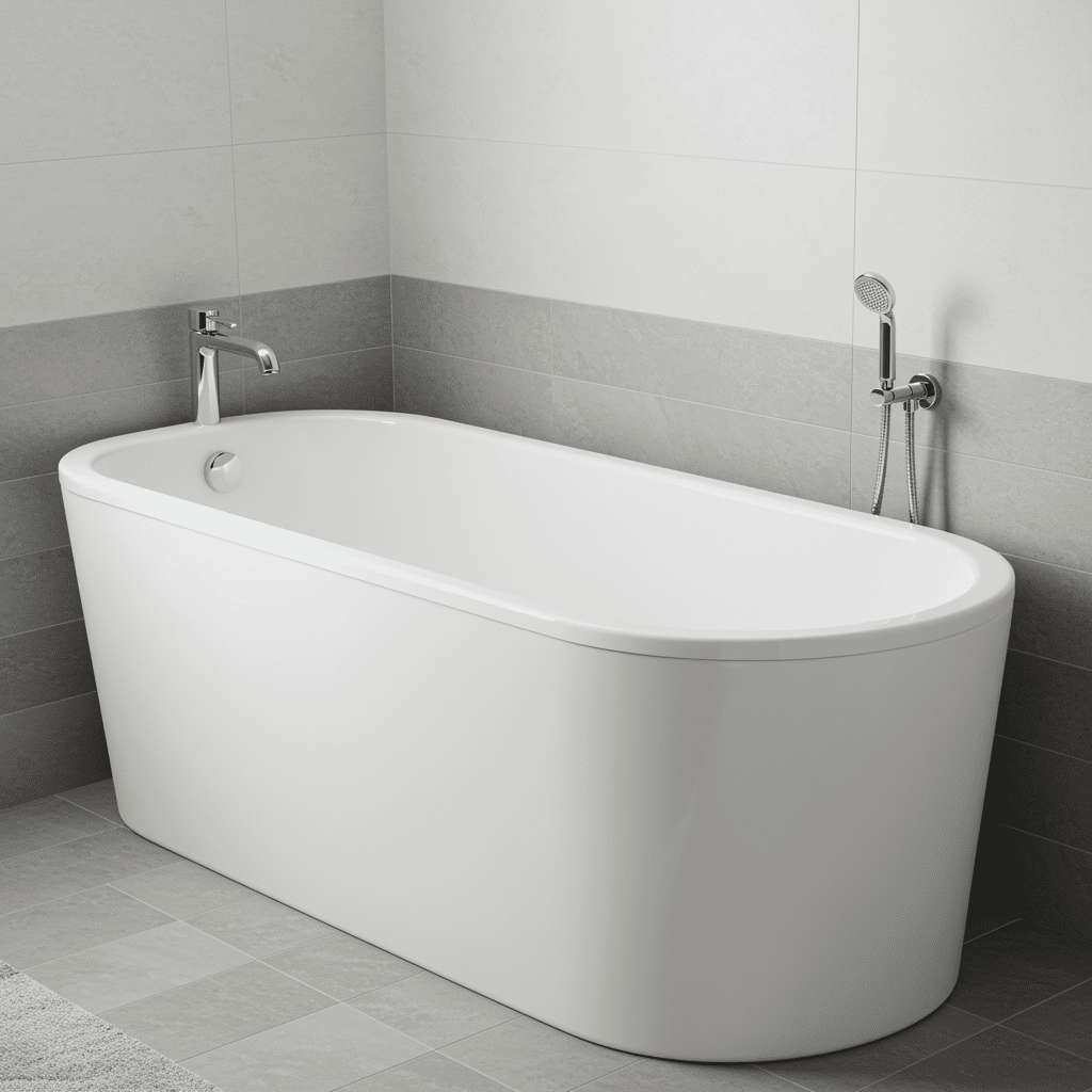 Refinished fiberglass bathtub in a clean modern bathroom with white and gray tile, chrome fixtures, and natural lighting, illustrating professional bathtub and shower repair services